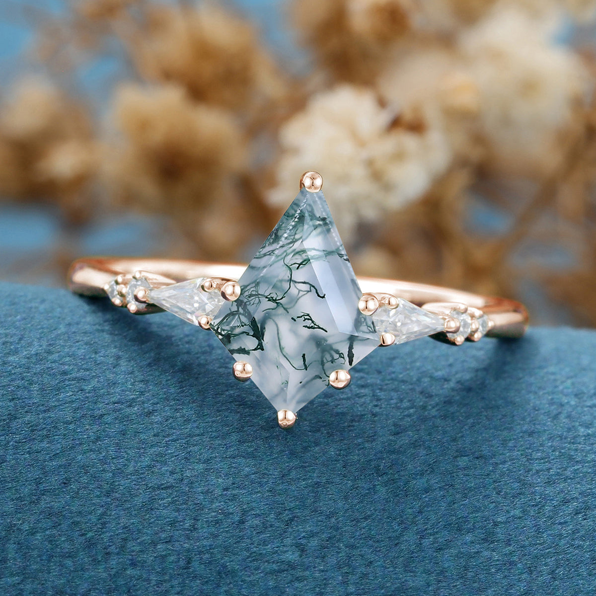 Kite Cut Natural Green Moss Agate Engagement Ring