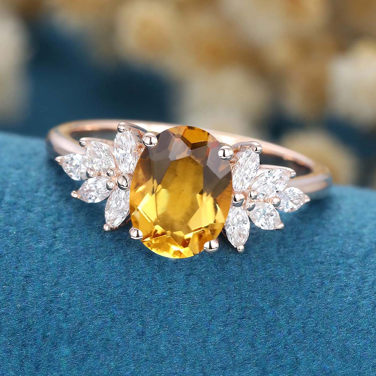 Oval cut Citrine Cluster Engagement Ring