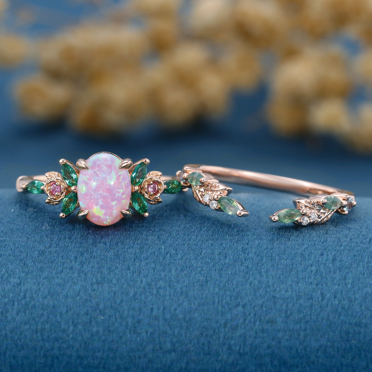 Oval cut Lab Pink Opal + Moss agate Rose Gold Wedding Bridal Set