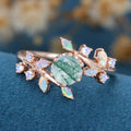 Round Cut Natural Green Moss Agate Cluster Engagement Ring