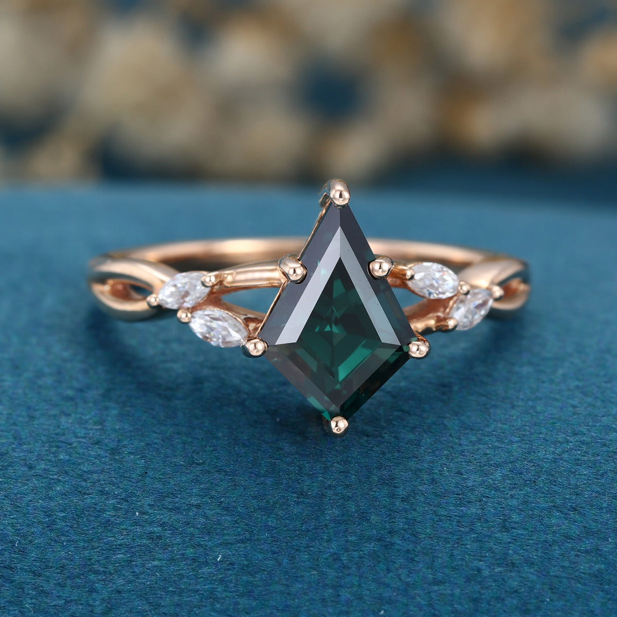 Kite cut Lab grown Blue green Sapphire Solid Gold Engagement Ring