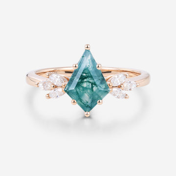 Kite Cut Natural Green Moss Agate Cluster Engagement Ring