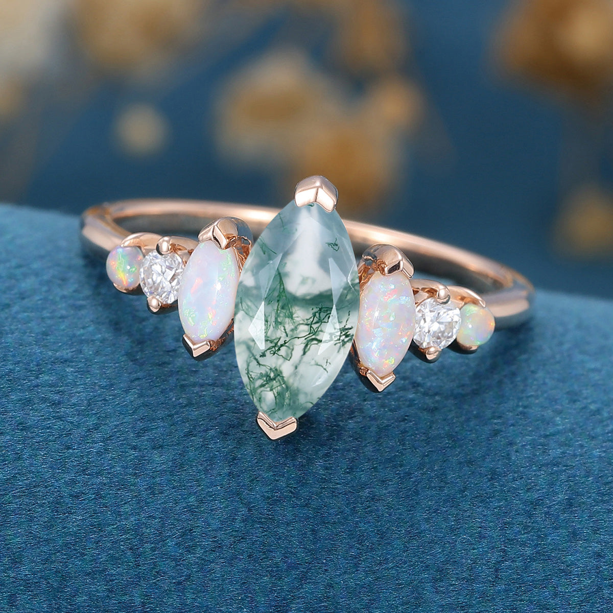 Natural Moss Agate Marqu Cut Cluster Engagement rings