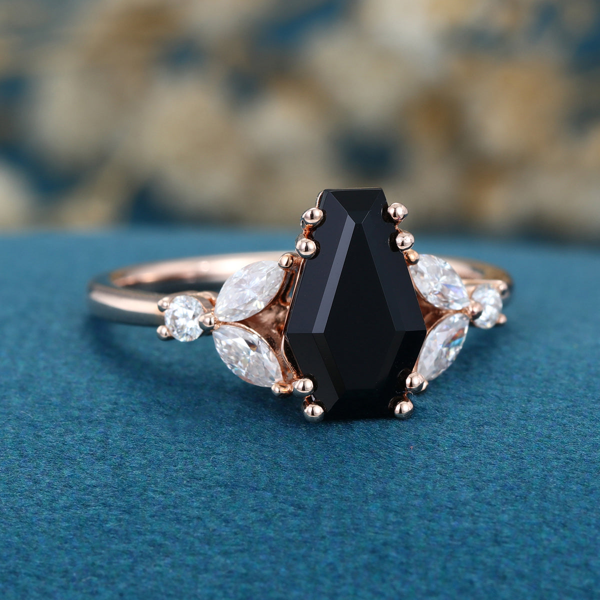 Coffin cut Black Onyx Solid Gold Engagement Ring