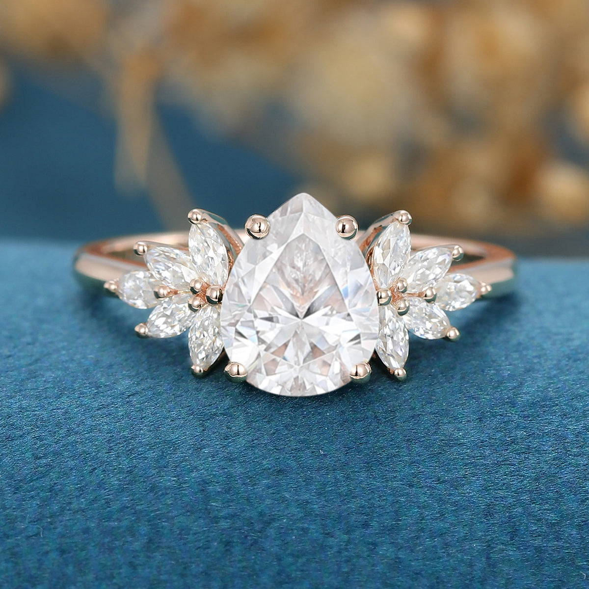 Pear cut Moissanite Cluster Engagement ring