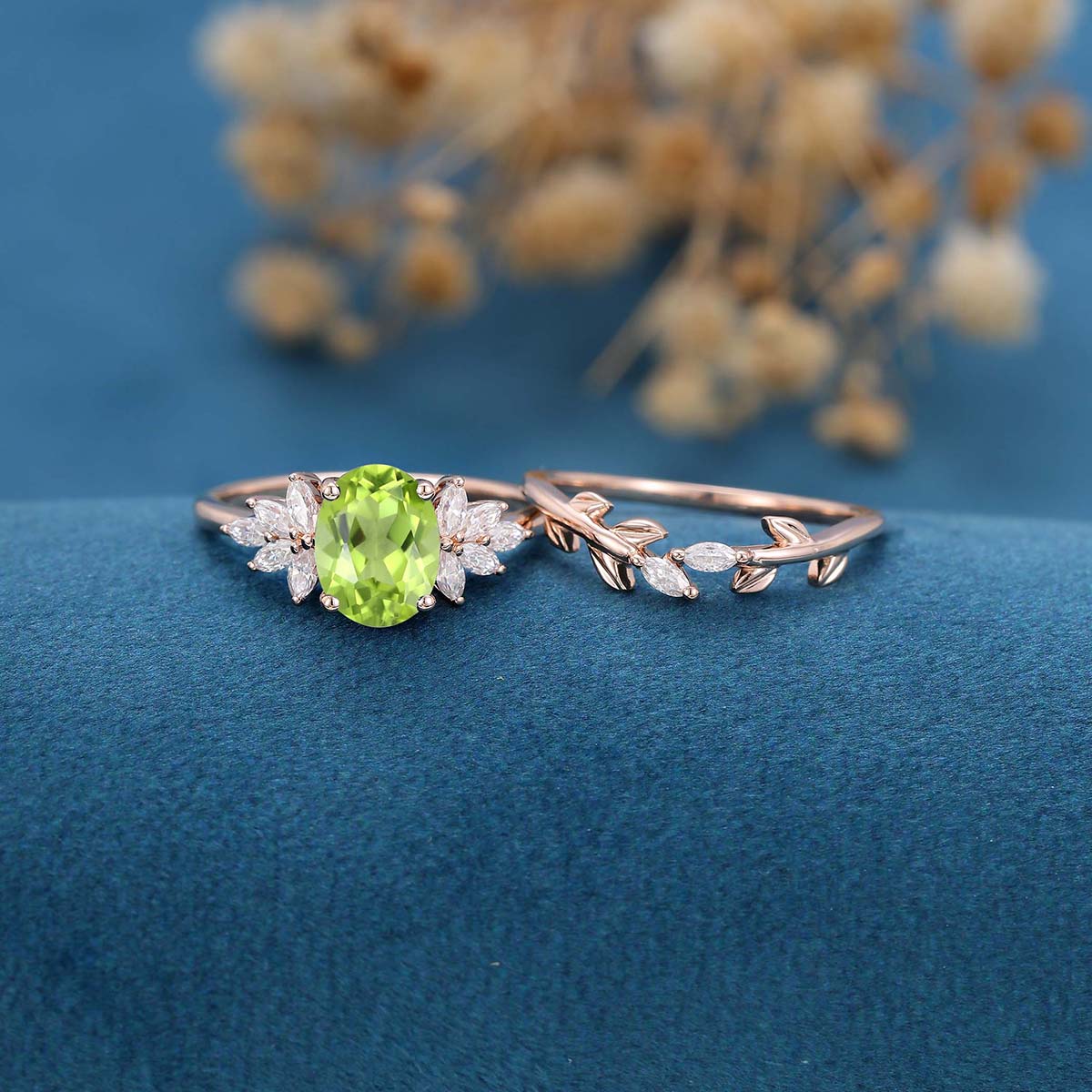Oval cut Olivine Cluster Engagement ring Bridal Set