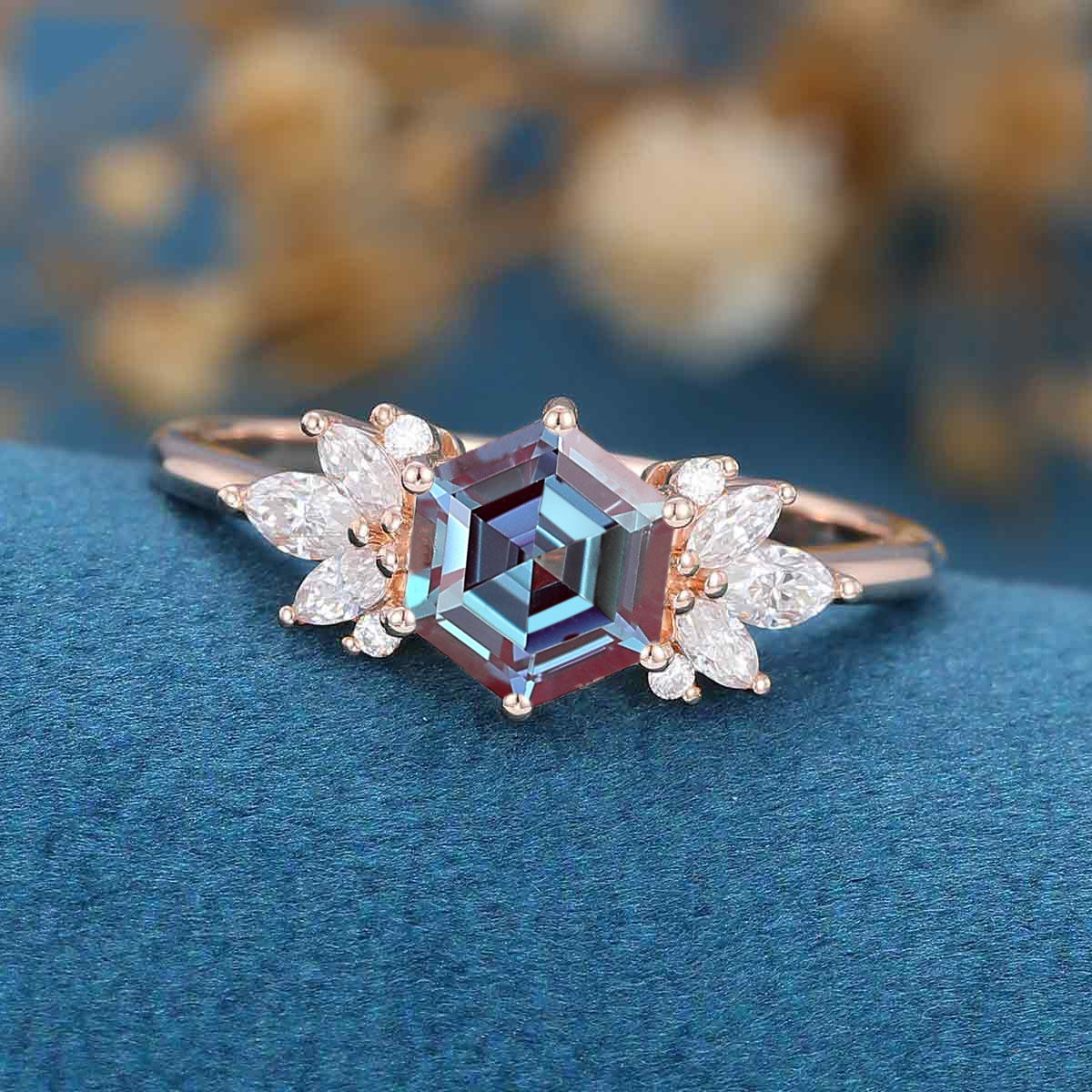 Hexagon cut Alexandrite | Diamond Engagement ring