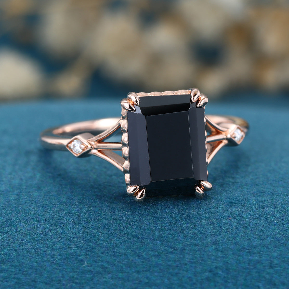 Emerald cut Black Onyx Solid Gold Engagement Ring