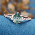 Pear Cut Natural Green Moss Agate Cluster Engagement Ring