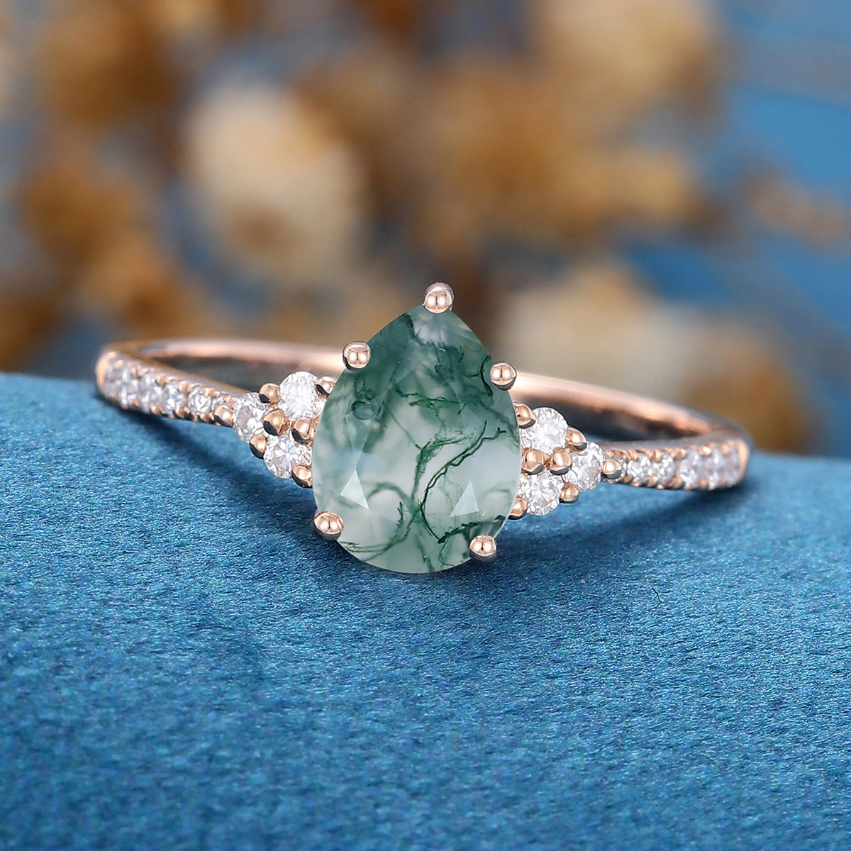 Pear Cut Natural Green Moss Agate Cluster Engagement Ring