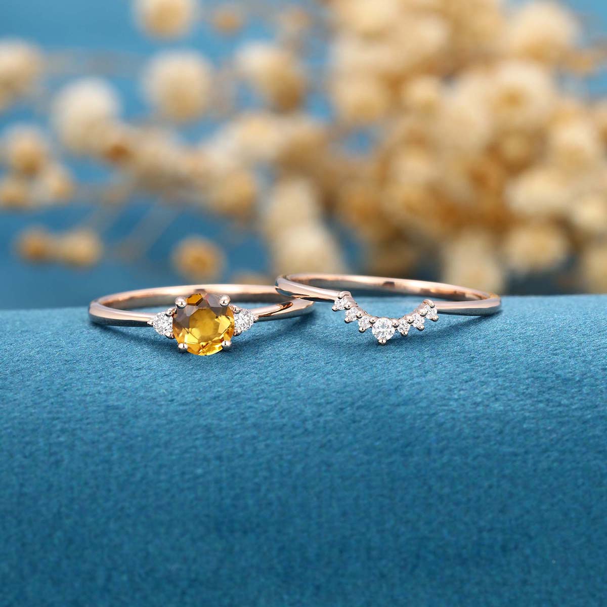 Round cut Citrine Cluster Engagement ring Bridal Set