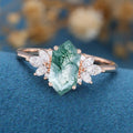 Long Hexagon Cut Natural Green Moss Agate Cluster Engagement Ring