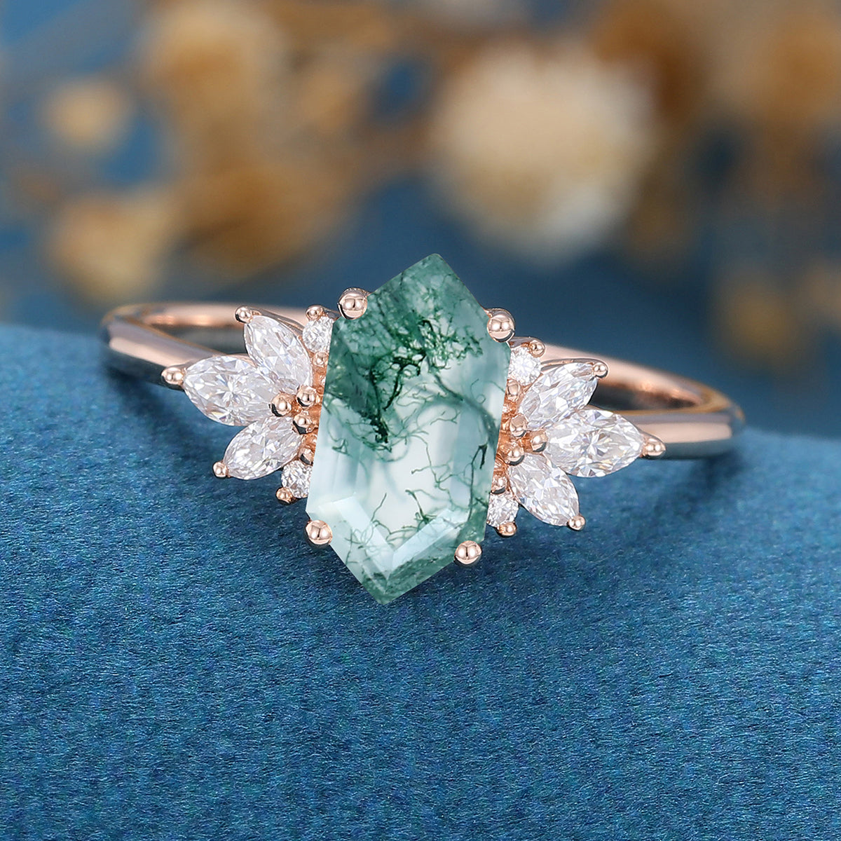Long Hexagon Cut Natural Green Moss Agate Cluster Engagement Ring