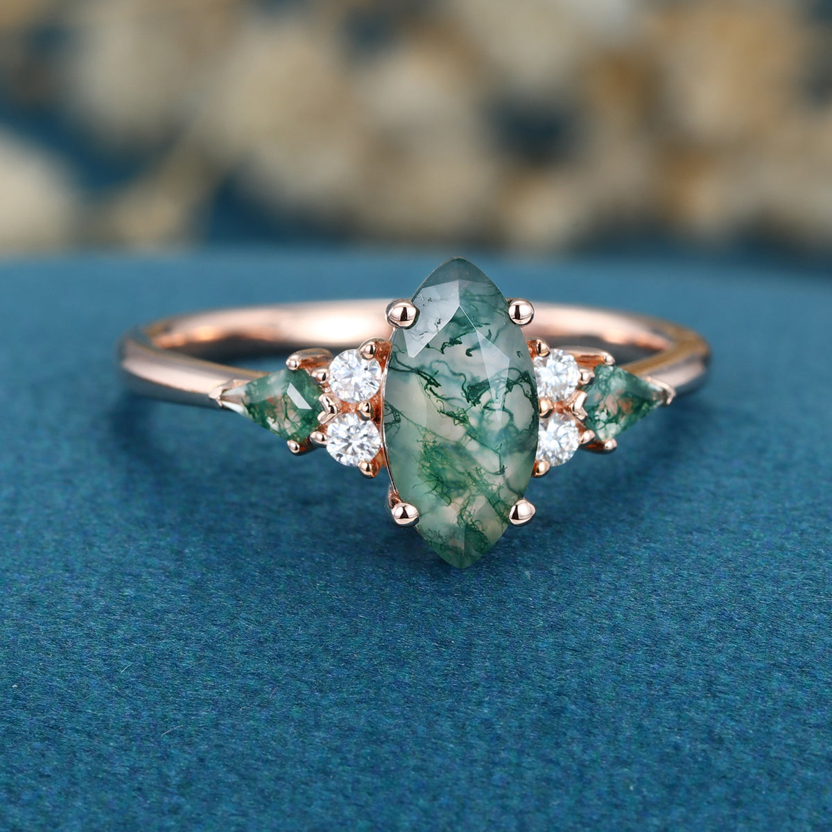 Marquise cut Moss Agate Solid Gold Engagement Ring