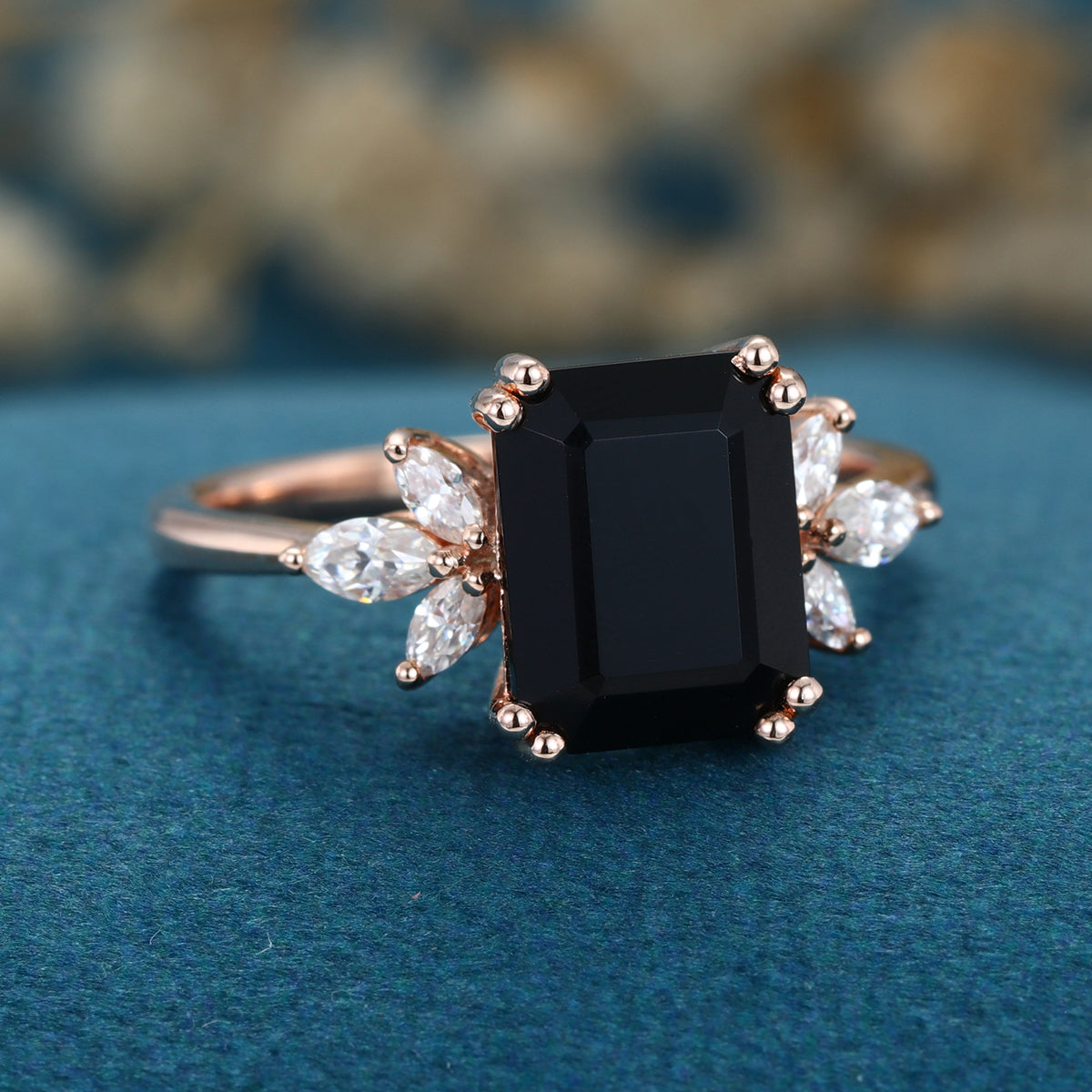 Emerald cut Black Onyx Solid Gold Engagement Ring