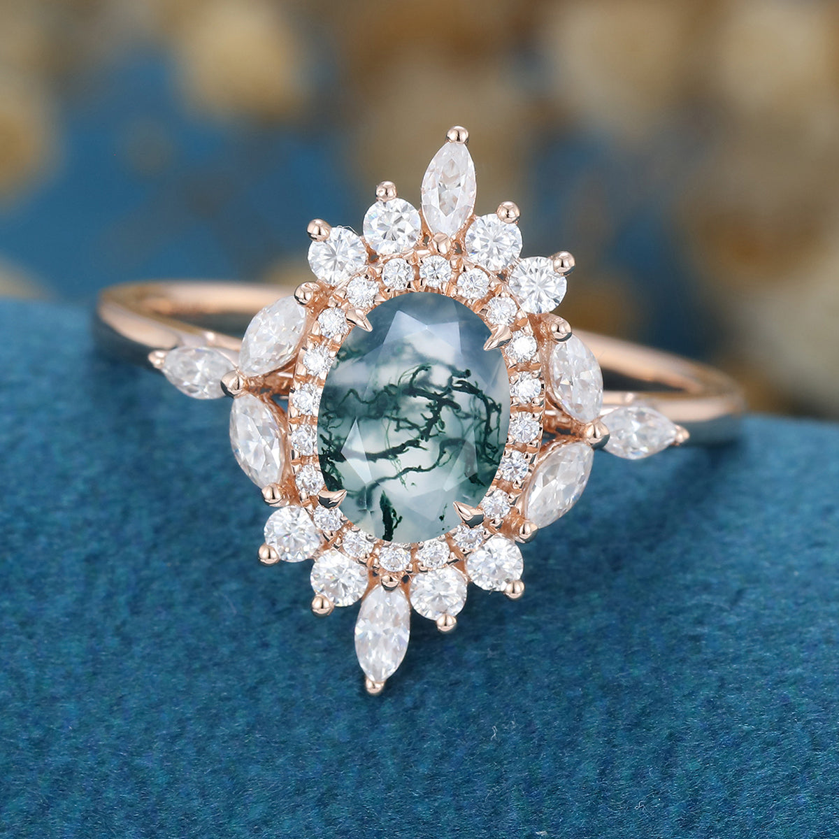 Oval Cut Natural Green Moss Agate Cluster Engagement Ring