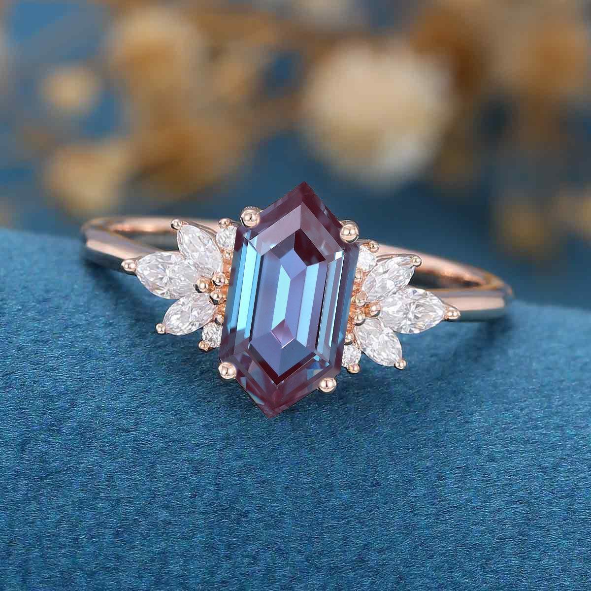 Long Hexagon cut Alexandrite | Diamond Engagement ring