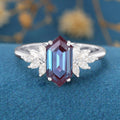 Long Hexagon cut Lab Alexandrite Engagement ring
