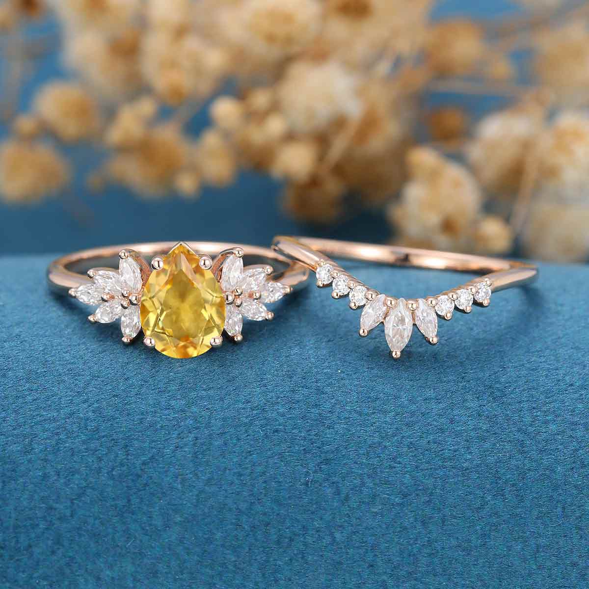 Pear cut Citrine Cluster Engagement ring Bridal Set