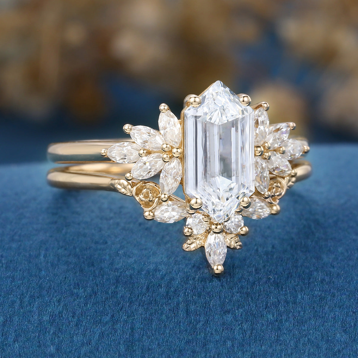 Long Hexagon cut Lab-Grown Diamond Wedding Bridal Set