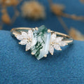 Long Hexagon Cut Natural Green Moss Agate Cluster Engagement Ring