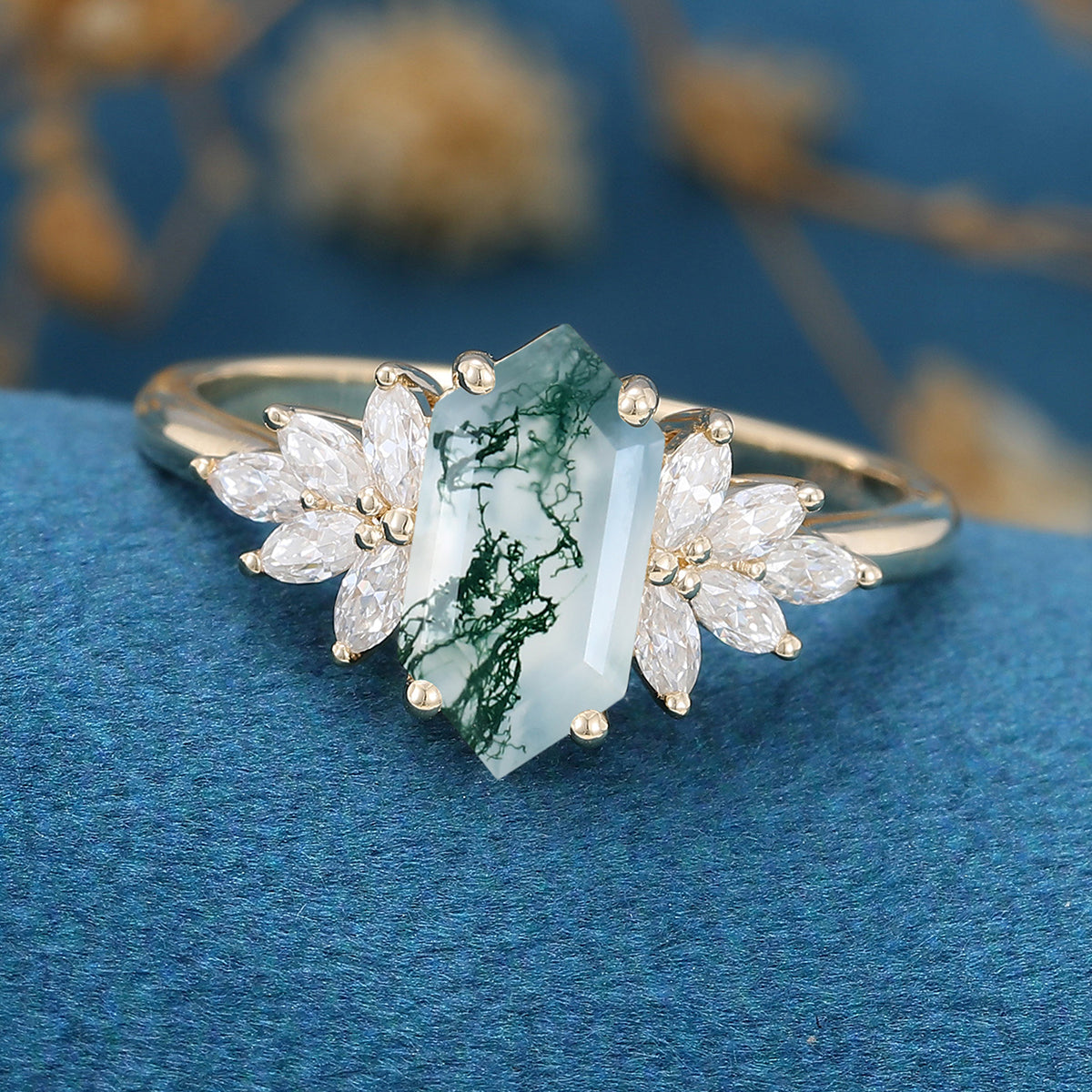 Long Hexagon Cut Natural Green Moss Agate Cluster Engagement Ring