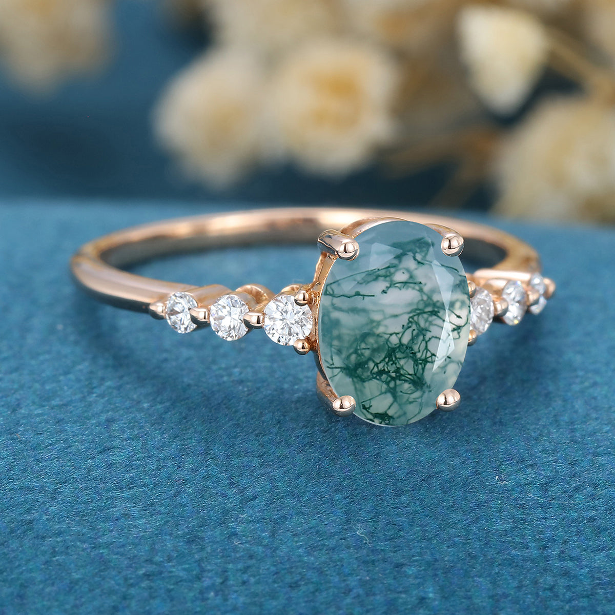 Oval Cut Natural Green Moss Agate Cluster Engagement Ring
