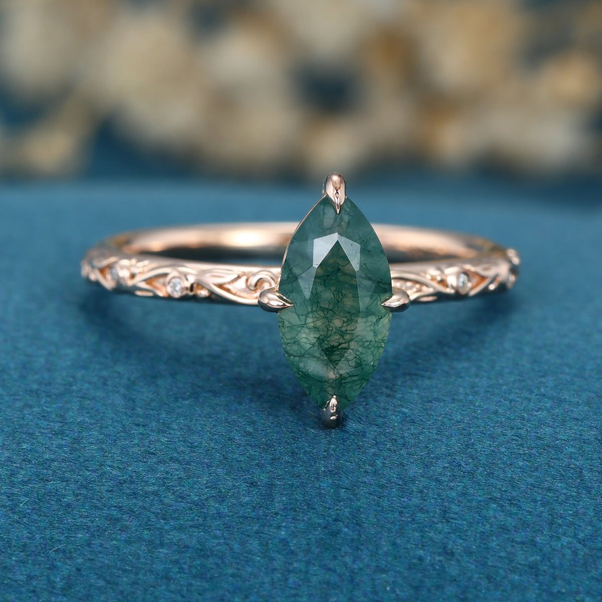 Solitaires Marquise cut Moss Agate Solid Gold Engagement Ring