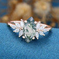 Marquise Cut Natural Green Moss Agate Cluster Engagement Ring