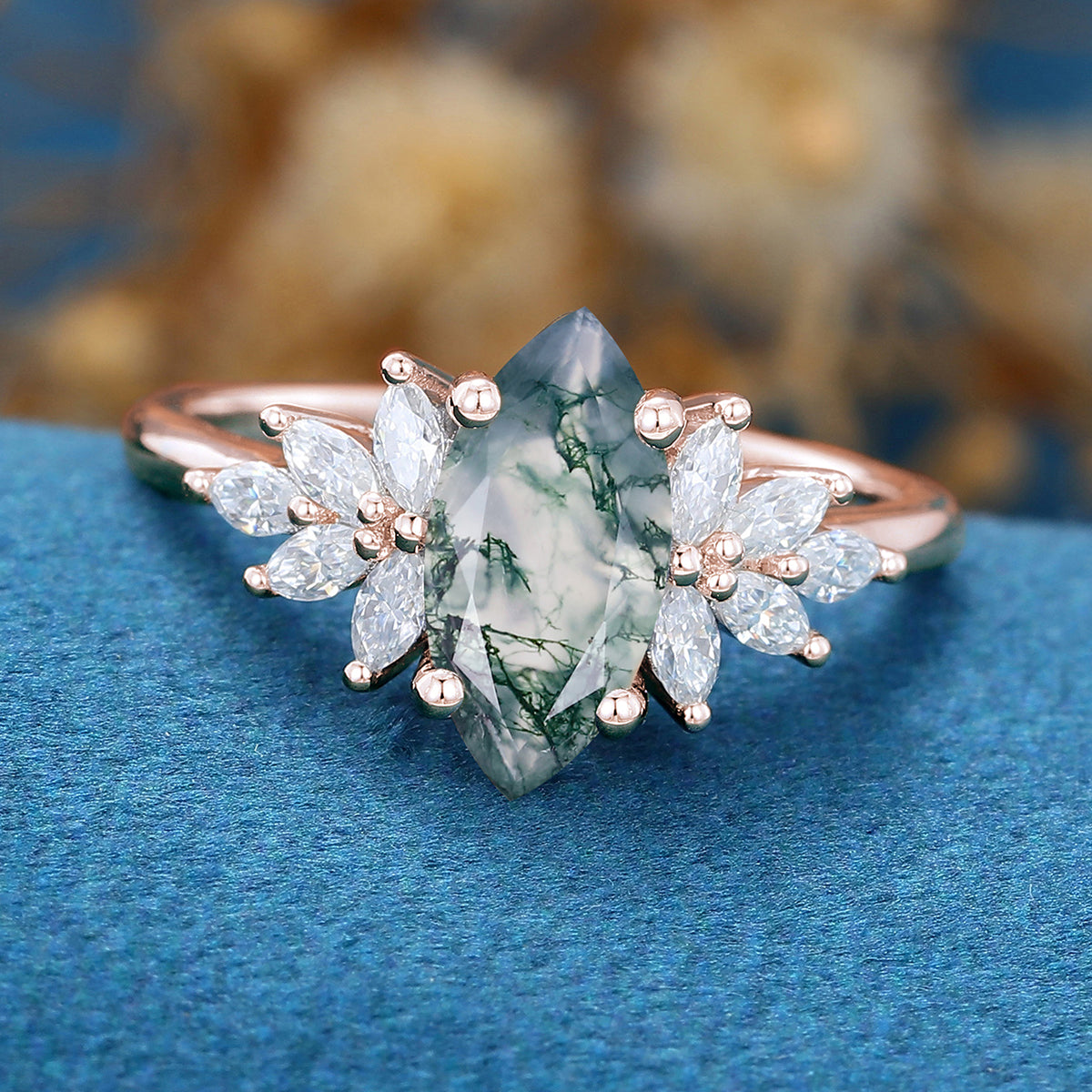 Marquise Cut Natural Green Moss Agate Cluster Engagement Ring