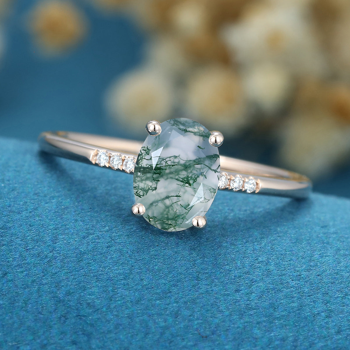 Oval Cut Natural Green Moss Agate Cluster Engagement Ring