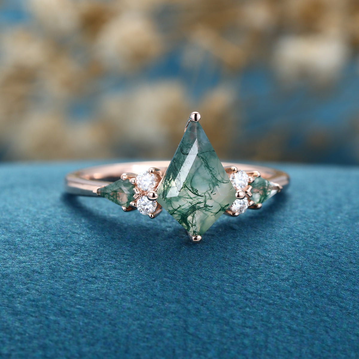 Kite cut Moss Agate Solid Gold Engagement Ring