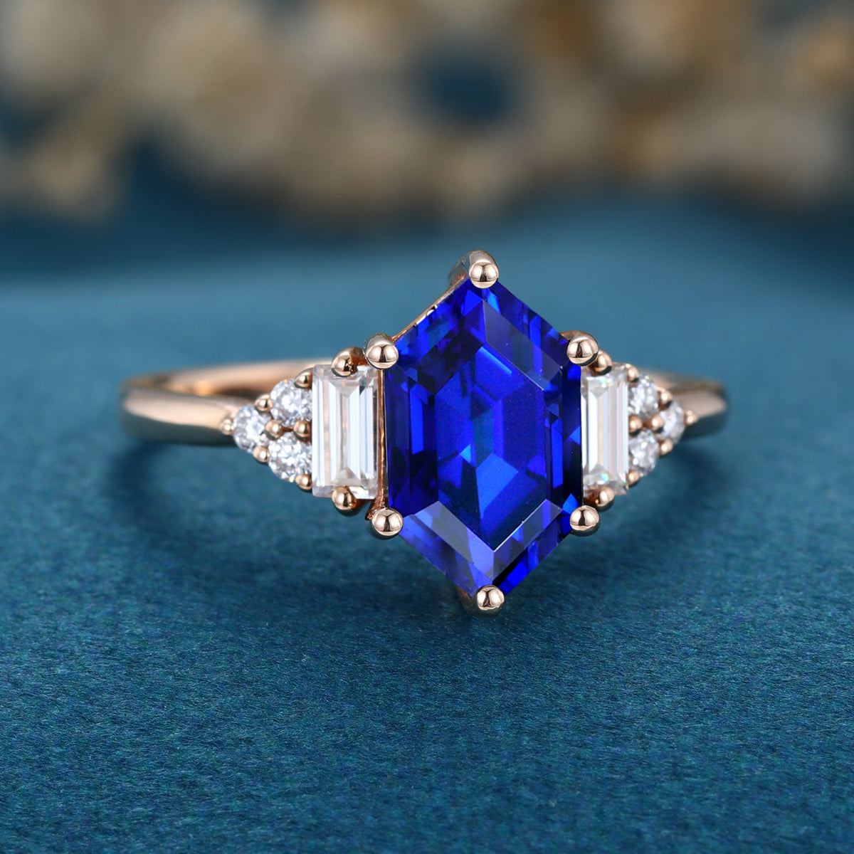 Hexagon cut Lab Blue Sapphire Solid Gold Engagement Ring