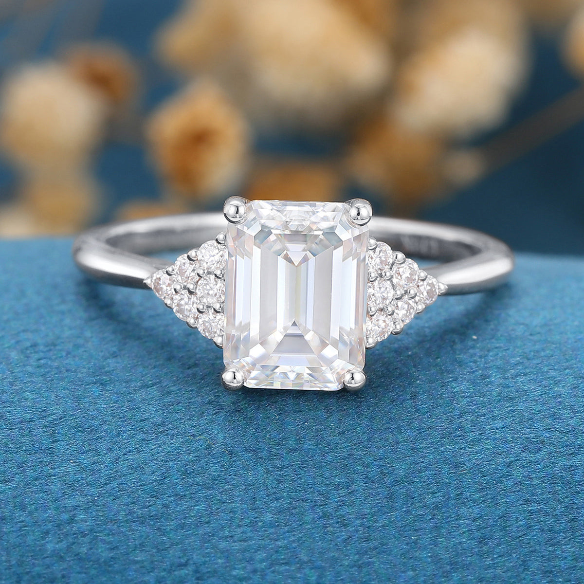 Emerald cut Moissanite  Cluster Engagement Ring