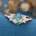 Oval Cut Natural Green Moss Agate Cluster Engagement Ring