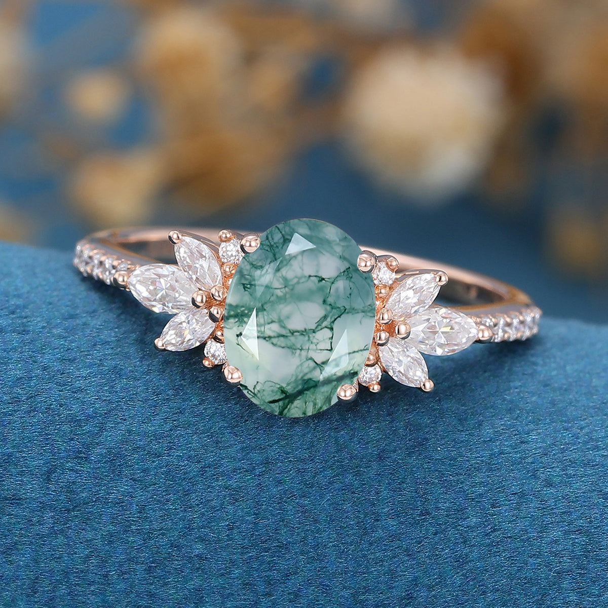 Oval Cut Natural Green Moss Agate Cluster Engagement Ring