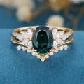 Oval Blue-Green Sapphire Cluster Engagement ring Bridal Set