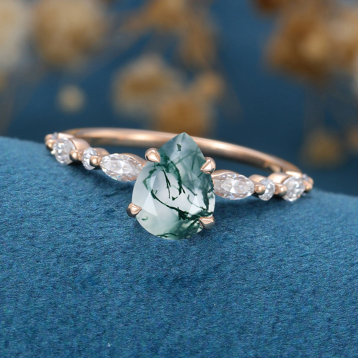 Natural Green Moss Agate pear cut cluster Engagement Ring