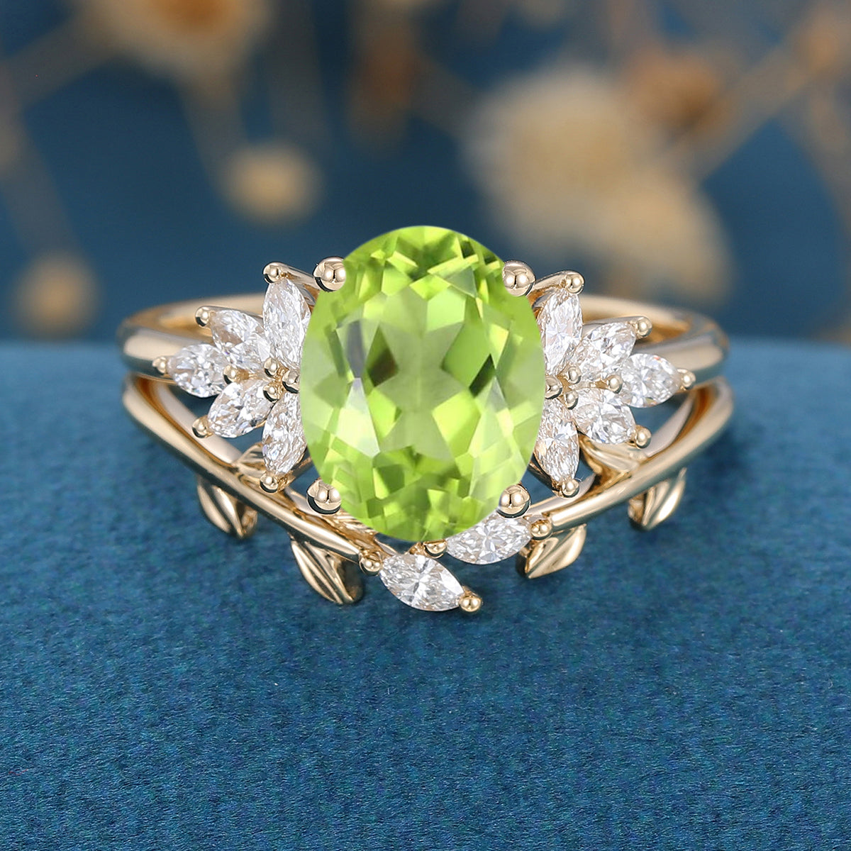 Oval cut Olivine Cluster Engagement ring Bridal Set