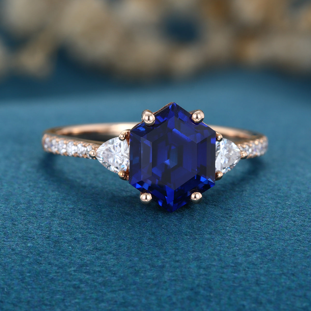 Hexagon cut Lab Blue Sapphire Solid Gold Engagement Ring
