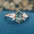Bezel setting Hexagon cut Moss agate Solid Gold Engagement Ring