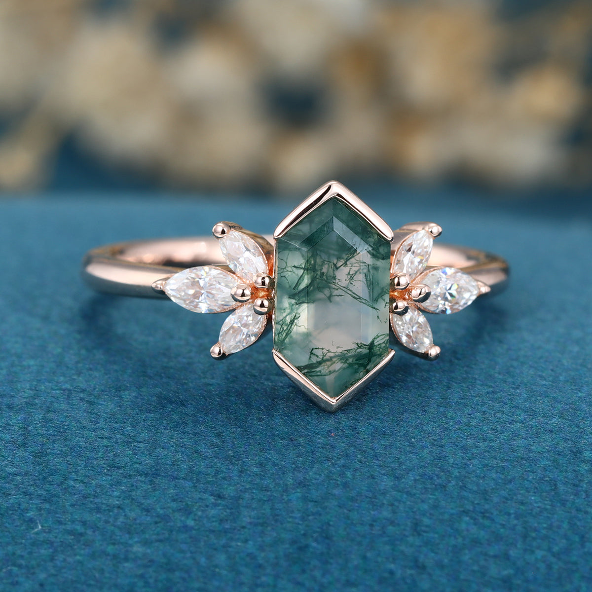 Bezel setting Hexagon cut Moss agate Solid Gold Engagement Ring