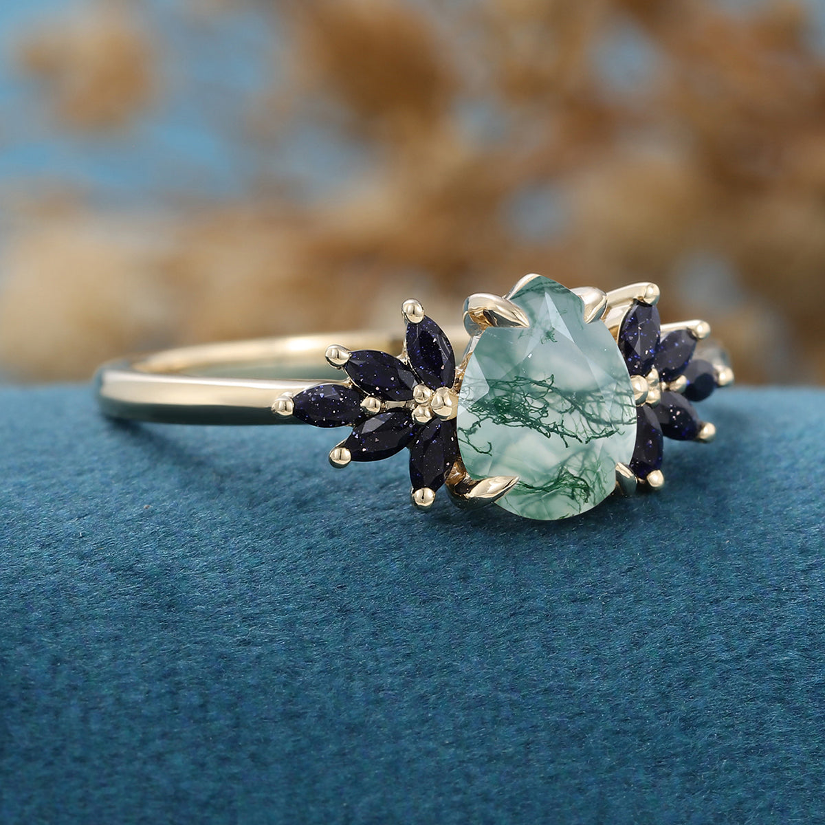 Pear Cut Natural Green Moss Agate Cluster Engagement Ring