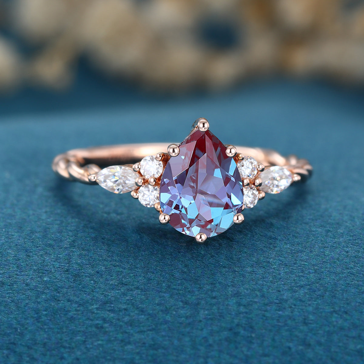 Pear cut  Lab Alexandrite Solid Gold Engagement Ring