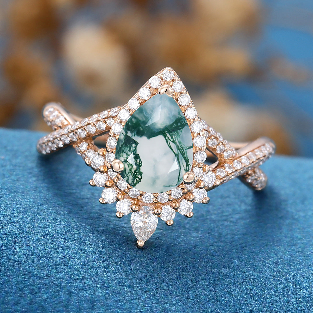 Pear Cut Natural Green Moss Agate Cluster Engagement Ring