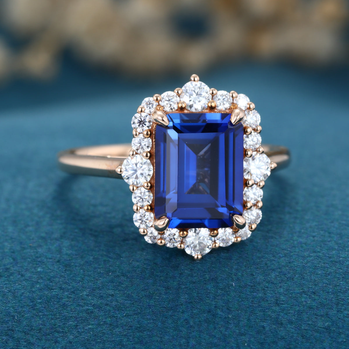 Emerald cut Lab Blue Sapphire Solid Gold Engagement Ring