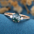 Hexagon Cut Natural Green Moss Agate Cluster Engagement Ring