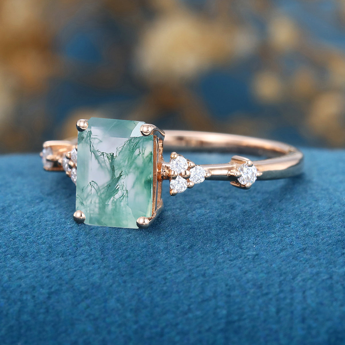 Emerald Cut Natural Green Moss Agate Cluster Engagement Ring