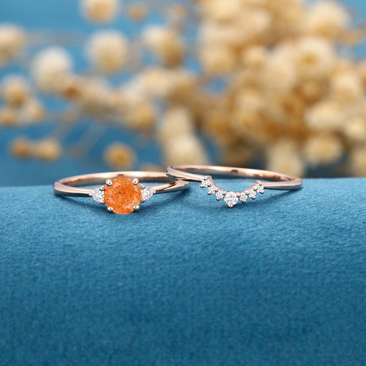 Round cut Sunstone Cluster Engagement ring Bridal Set