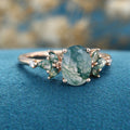 Oval cut Moss Agate + Diamonds Solid Gold Engagement Ring
